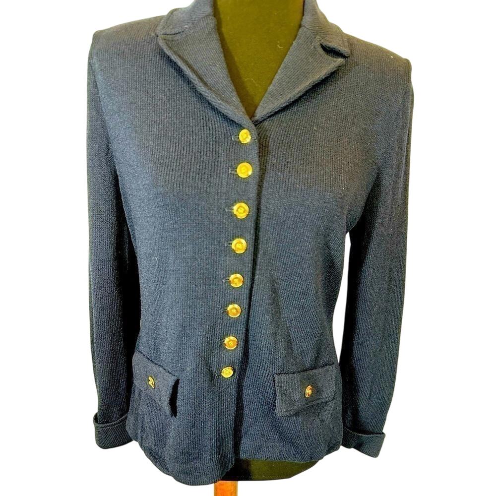 St John Navy Blue Knit Blazer with Gold Buttons Size 4